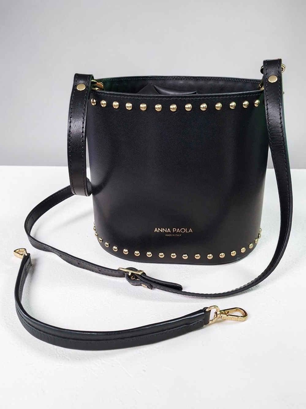 Anna Paola Black Leather Studded Bucket Bag 2 Straps Made In Italy Shoulder Bag